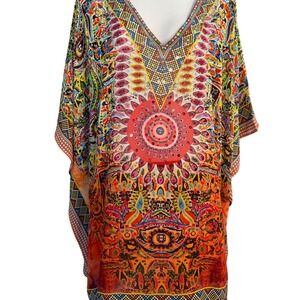 Vibrant Boxy Silk Kaftan Womens Free‎ Size Art To Wear Embellished Boho Unique